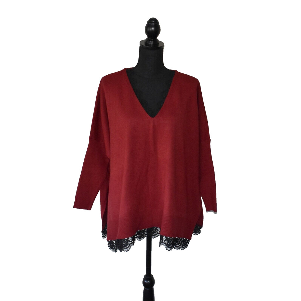 A8 NWT CHICOS Red Allure W/Black Lace Trim V Neck Poncho Sweater Size S/M $129